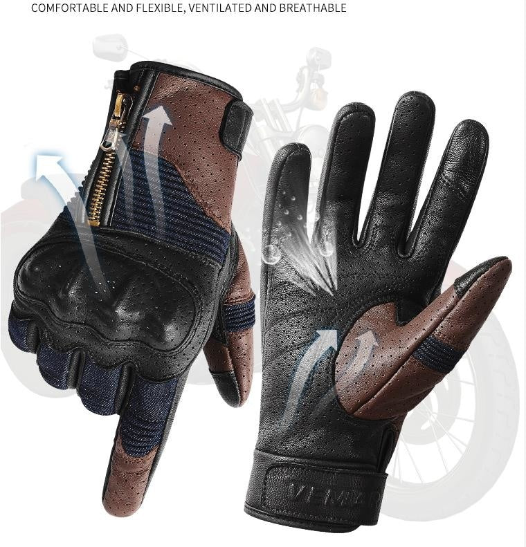 Men's Genuine Leather Sheepskin Vintage Perforated Motorcycle Gloves