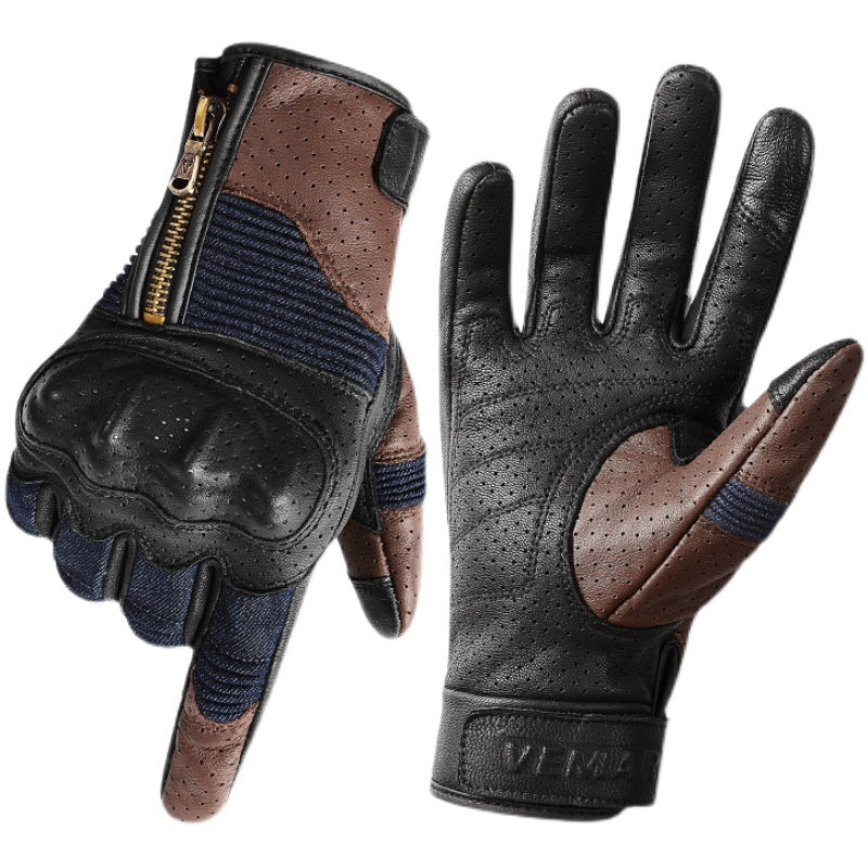 Men's Genuine Leather Sheepskin Vintage Perforated Motorcycle Gloves
