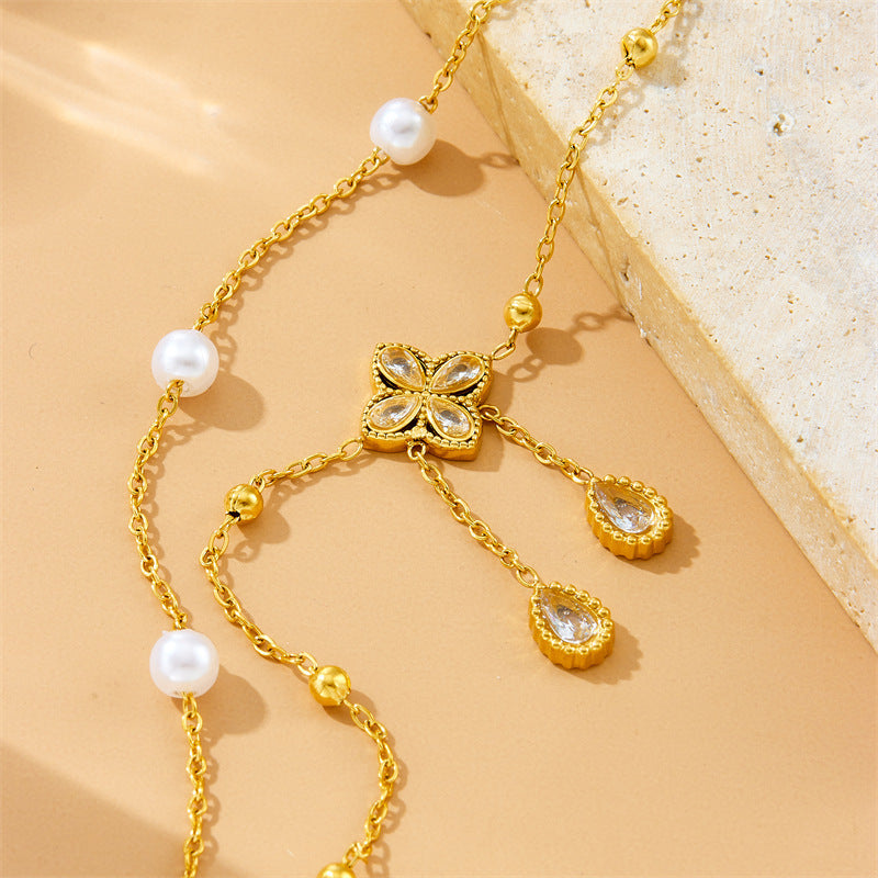 Cheville Perle Fleur Diamant Double Couche Mode