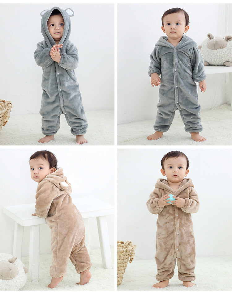 Flannel Romper Child Bear Jumpsuit Hooded Single-breasted Romper