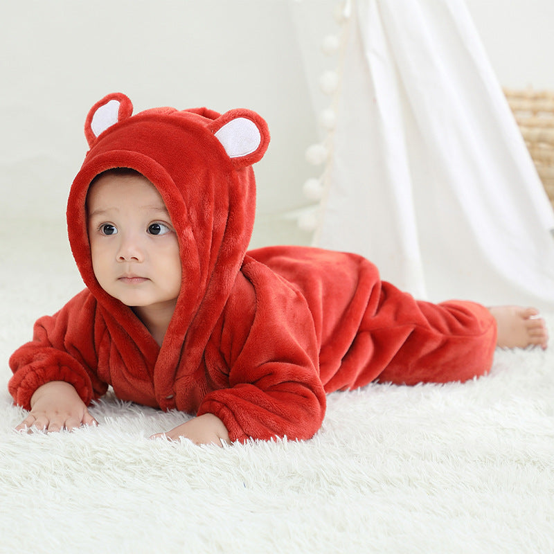 Flannel Romper Child Bear Jumpsuit Hooded Single-breasted Romper