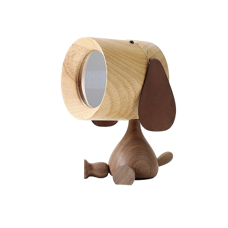 Solid Wood Cute Puppy Alarm Clock Gift Desktop Charging Creative