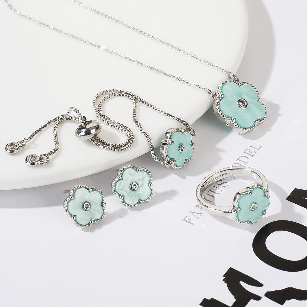 Gold Flower Bracelet Ring Earrings Bracelet Women's Suit