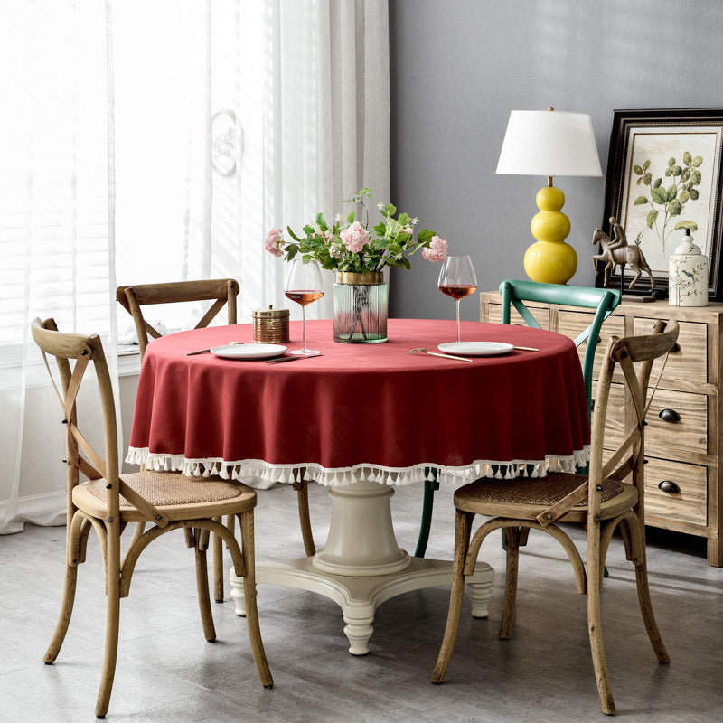 Waterproof Solid Color Faux Cotton Linen Lace Round Dining Tablecloth