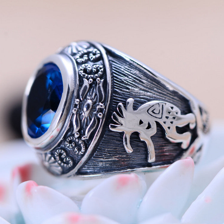 925 Silver Domineering Personalized Totem Synthesis Blue Crystal Men's Rings