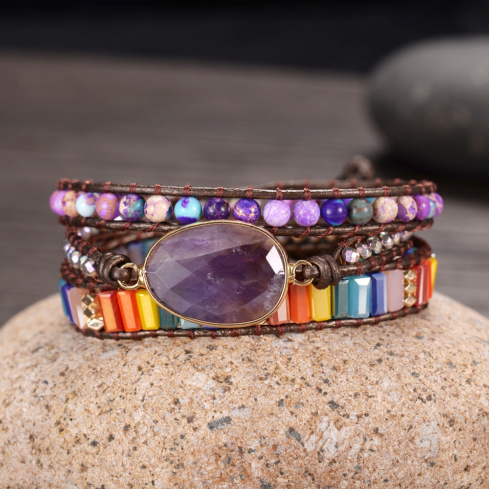 Faceted Natural Crystal Stone Three-layer Ladies Fashion Bracelet Handmade Beaded Crystal Leather Cord Bracelet