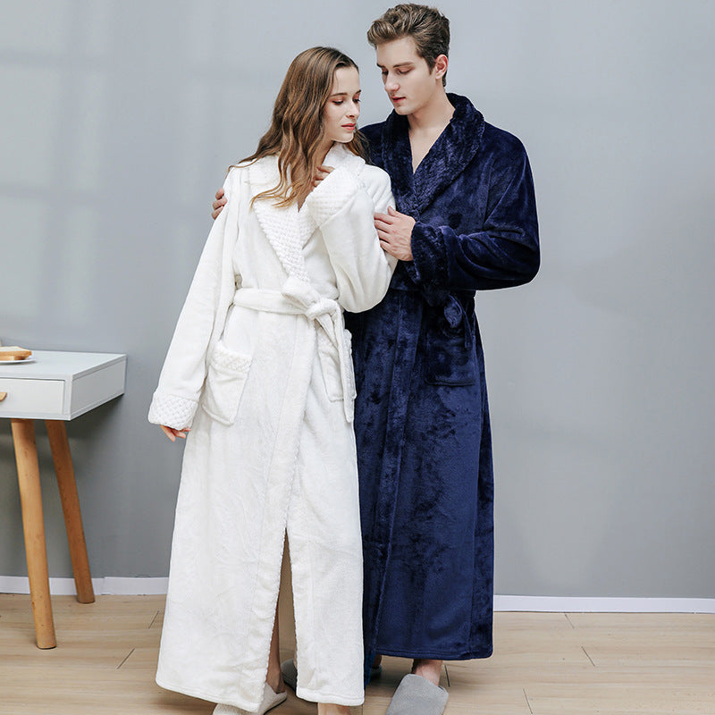 Long Coral Fleece Fleece-lined Thick Bathrobe Flannel Pajamas Homewear