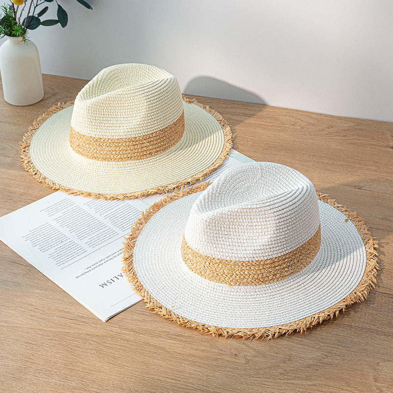 Women's Retro Color Matching Raw Edge Sun Protection Straw Hat