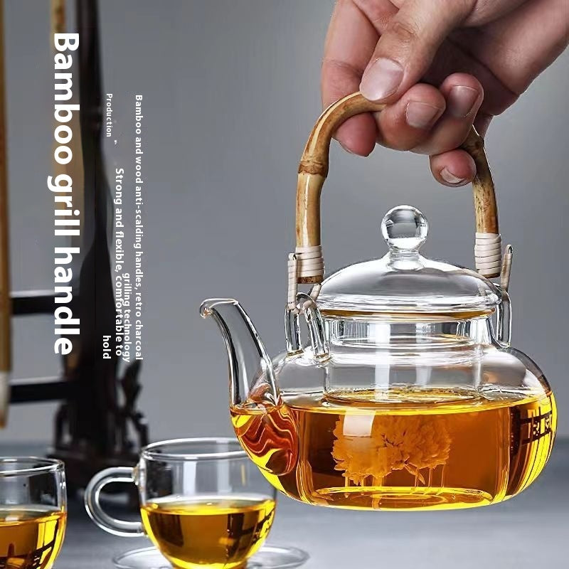 Vintage Bamboo Tea Set Glass Ring Handle Teapot