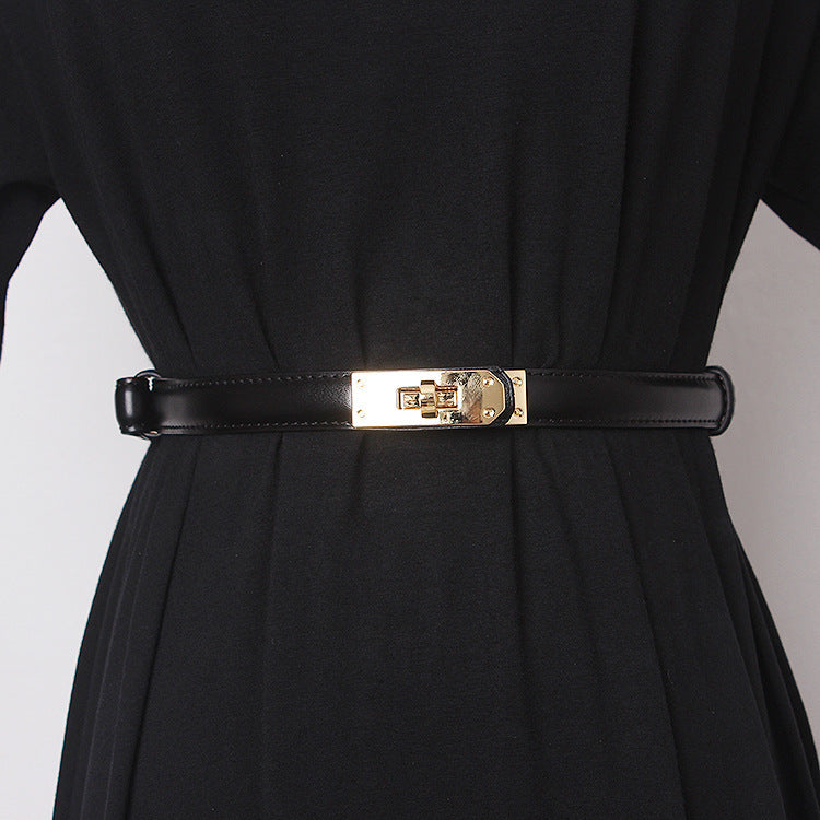 Ceinture ornementale pour femme avec jupe pull manteau, sangle de taille fine noire, accessoires en cuir de vache, cache-taille