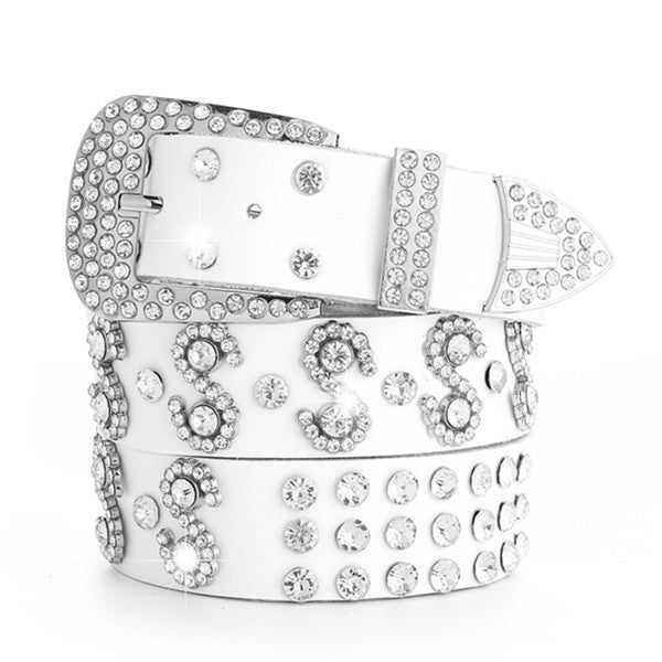Ceinture en cuir véritable à strass simple pour femmes