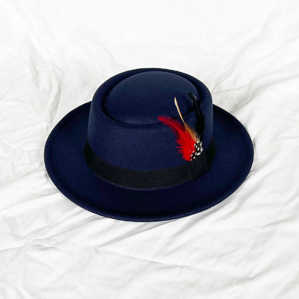 Feather Top Hat Small Flat Top Men's Felt Cap Old White Hat Top Hat