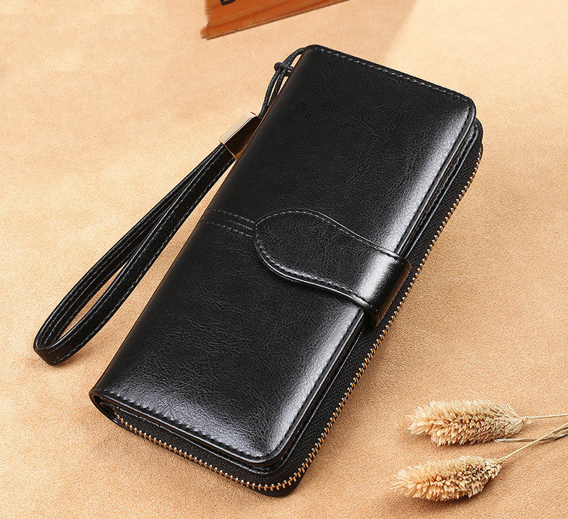 Waxed Cowhide Long Lady Wallet Leather Zipper Wallet Large Capacity