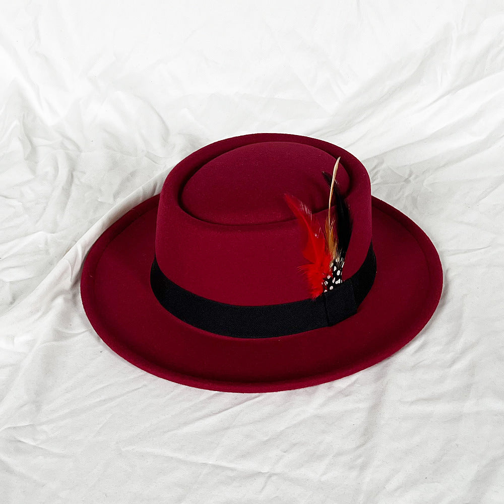 Feather Top Hat Small Flat Top Men's Felt Cap Old White Hat Top Hat