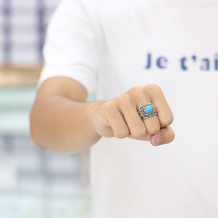 Personality Fashion Turquoise Feather Ring Men Exaggerated