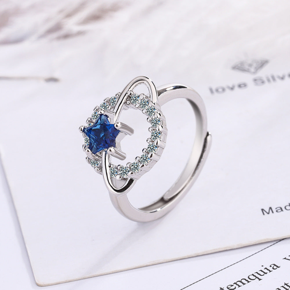 Blue Diamond Single Row Pentagram Planet Ring