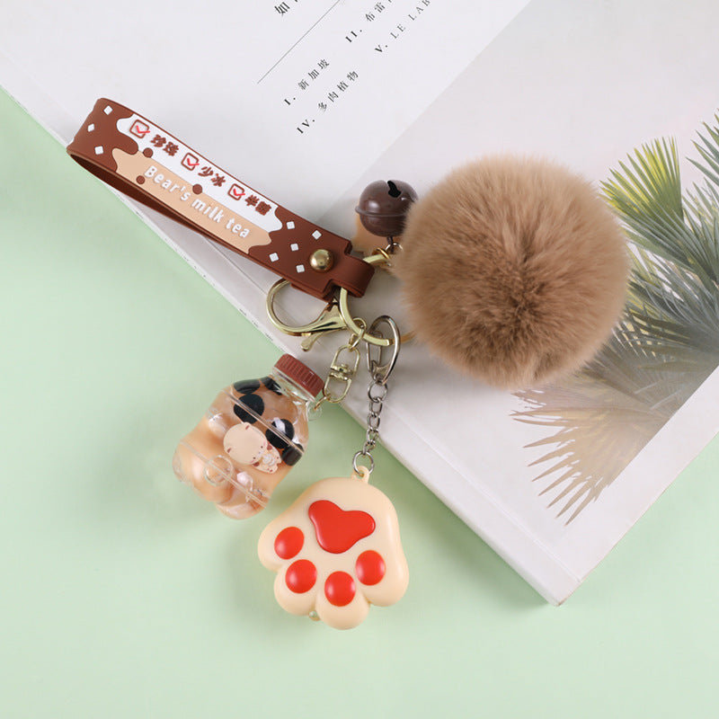 Crystal Milk Tea Cup Leather Rope Key Chain Ring Cartoon Hair Ball