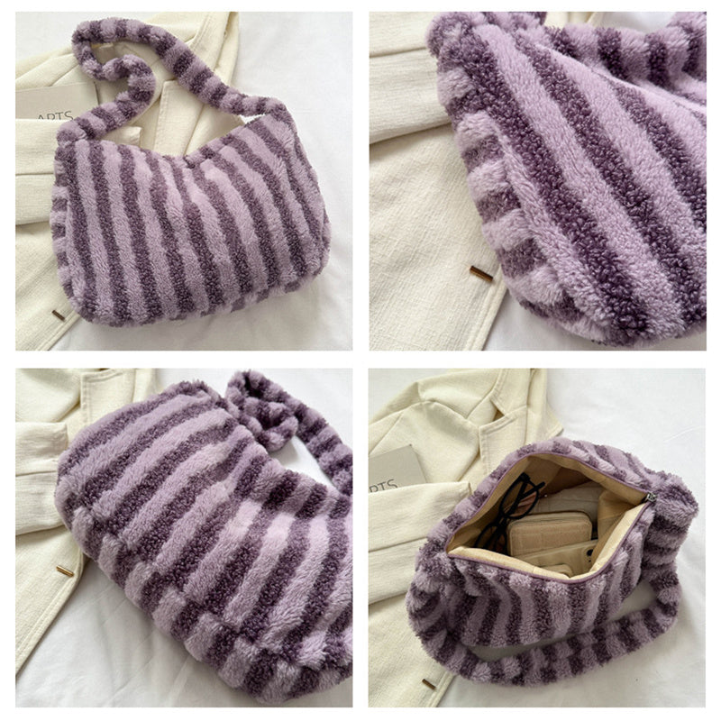 Grand Sac Peluche Rayé Grande Capacité Hiver Nouvelle Mode Sac Fourre-tout Portable Sacs à Bandoulière Sacs à Main Moelleux Pour Femmes