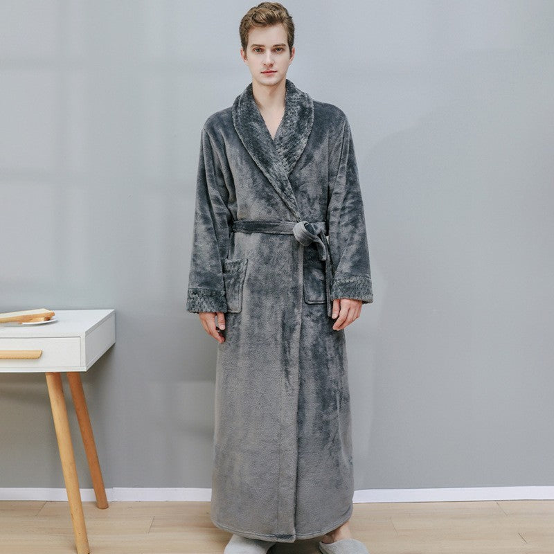 Long Coral Fleece Fleece-lined Thick Bathrobe Flannel Pajamas Homewear