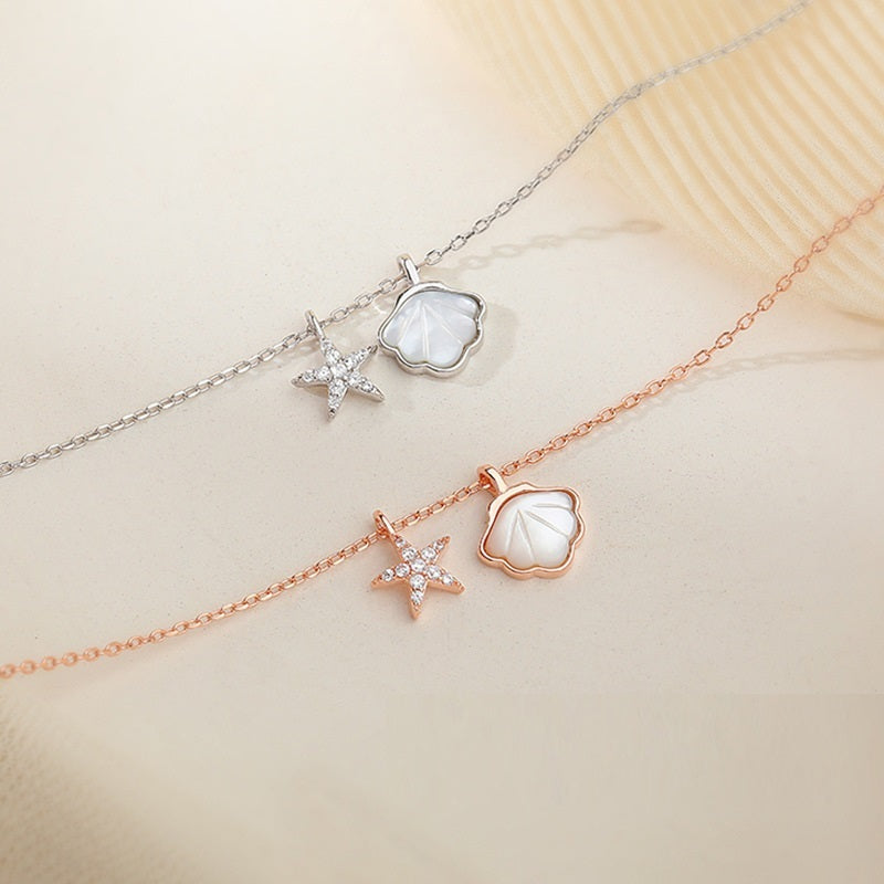 Sterling Silver Shell Starfish Necklace Niche Design Senior Mother Shell Diamond Short Clavicle Chain