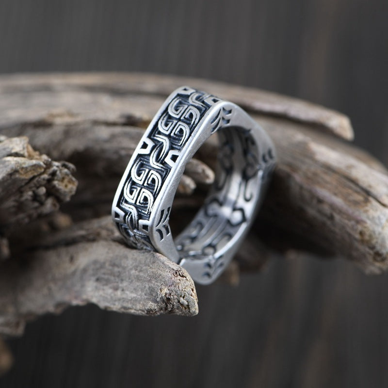 Vintage Thai Silver Craft  Women's Pattern Totem Square Ring