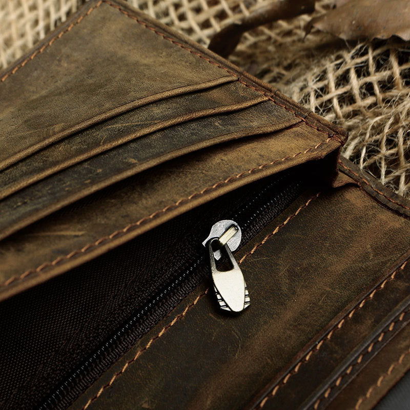 Portefeuille long vertical en cuir de cheval fou vintage pour homme