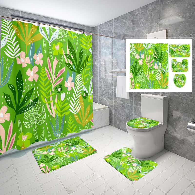 Natural Wind Leaves Printing Toilet Waterproof Shower Curtain Non-slip Floor Mat