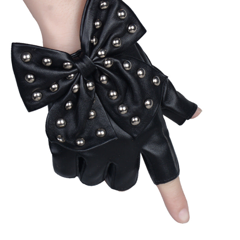 Lolita Gothic Rivet Bow Half Finger Pu Gloves