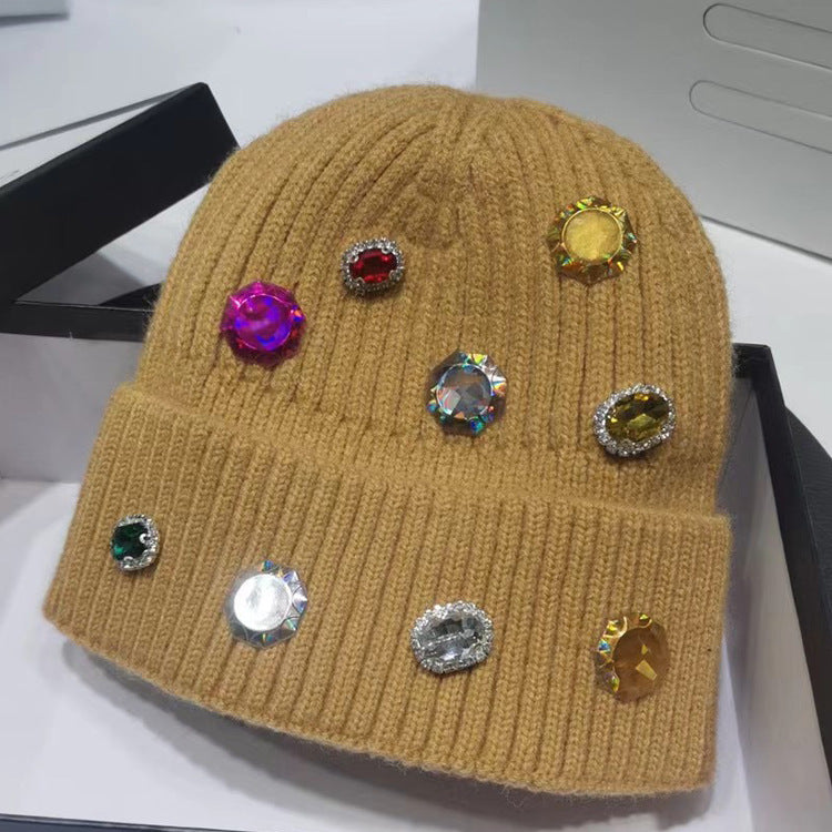 Hand-drilled Gem Rhinestone Hat Women's All-match Knitting