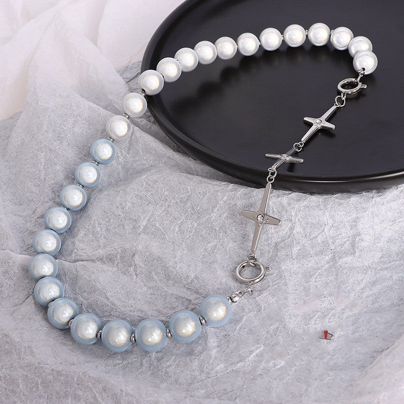 Vintage High Sense Reflective Pearl Cross Necklace