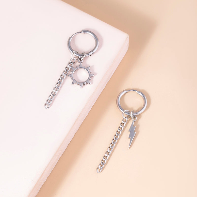 Hip Hop Stainless Steel Asymmetric Earrings Fashion Silver Sun Lightning Charm Metal Tassel Earrings For Women Men