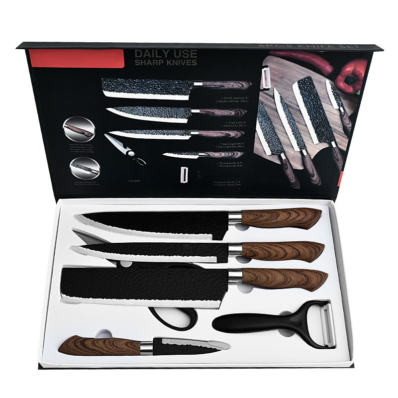 Hammer Pattern Six-piece Black Steel Forged Paint Stainless Steel Kitchen Knife Set