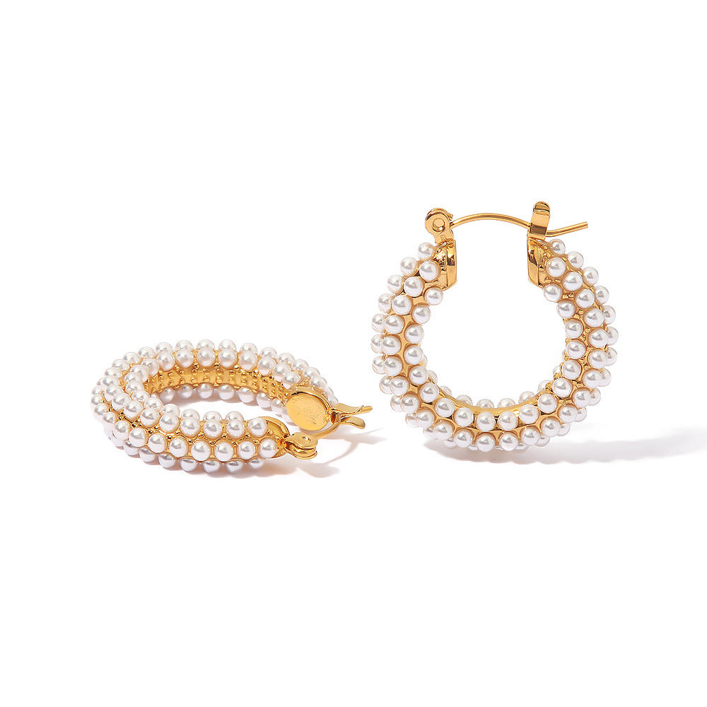 Stainless Steel Plated 18K Ring Set With Zircon Pearl Earrings For Women