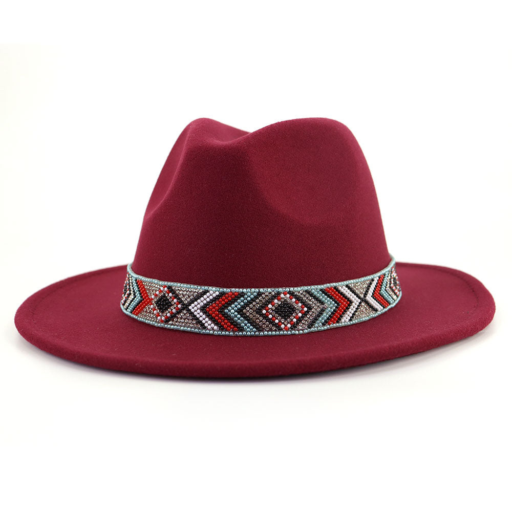 Autumn And Winter New Blue Bead Woolen Hat Fashion Panama Jazz Hat