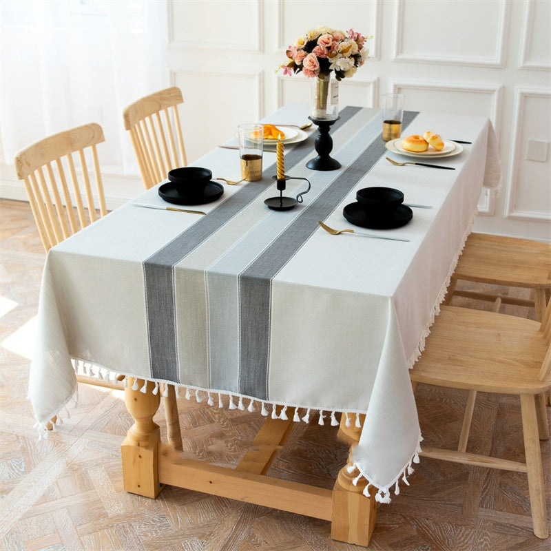 Nappe chinoise en coton et lin à rayures et pompons, pour la maison