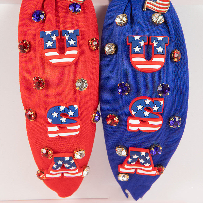Flag Colors Headband Red White Blue Rhinestone