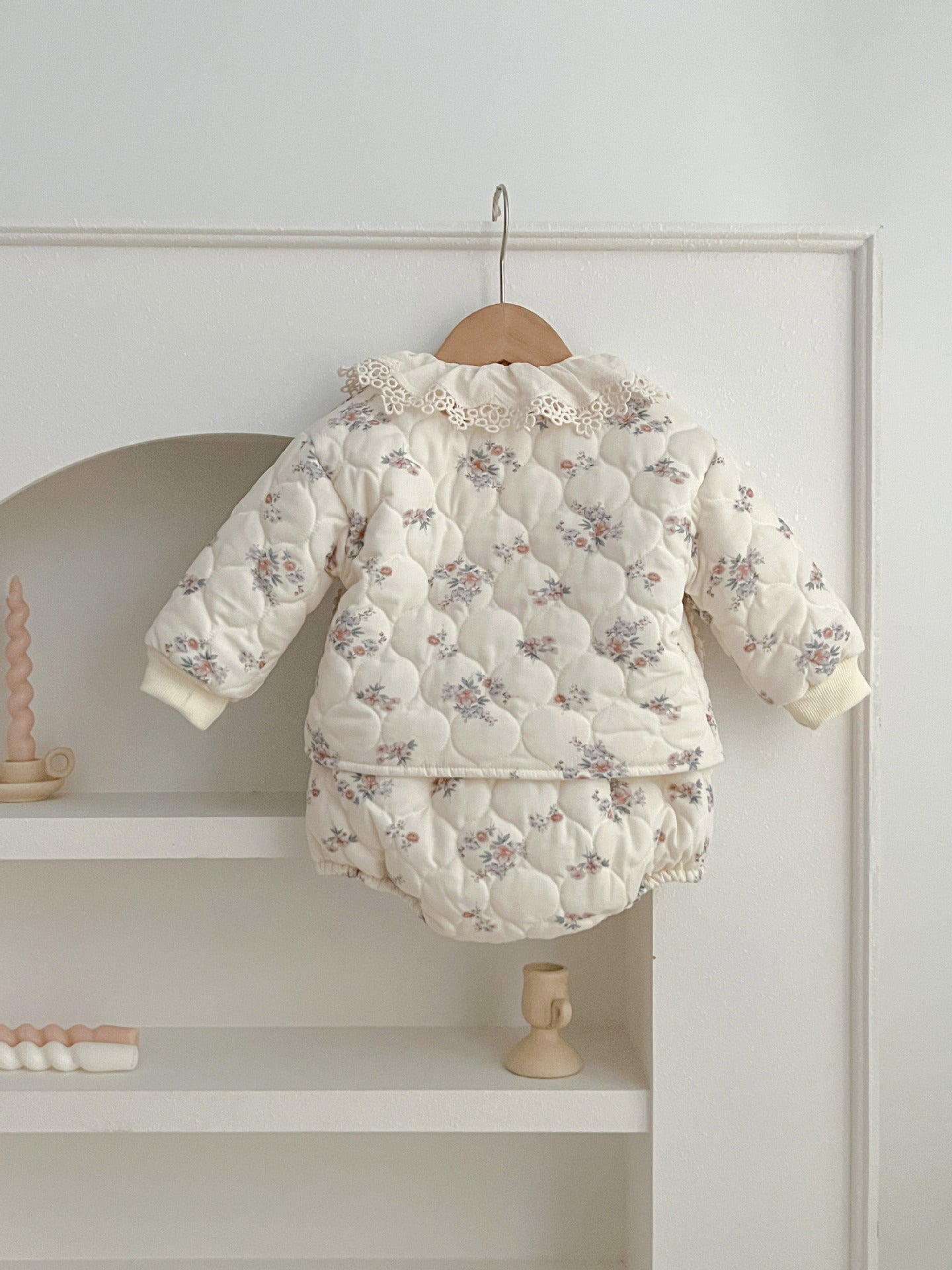 Winter Korean Style Baby Girl Floral Suit Lace Pocket Strap Romper Outwear Warm Two-piece Suit