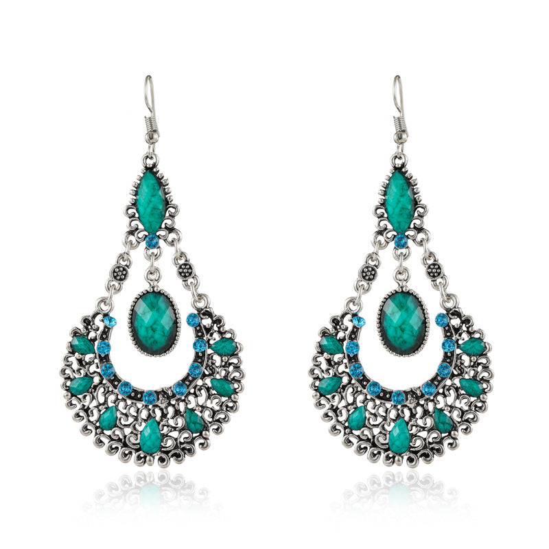 Water Droplets, Black Large Fan-shaped Rhinestone Earrings