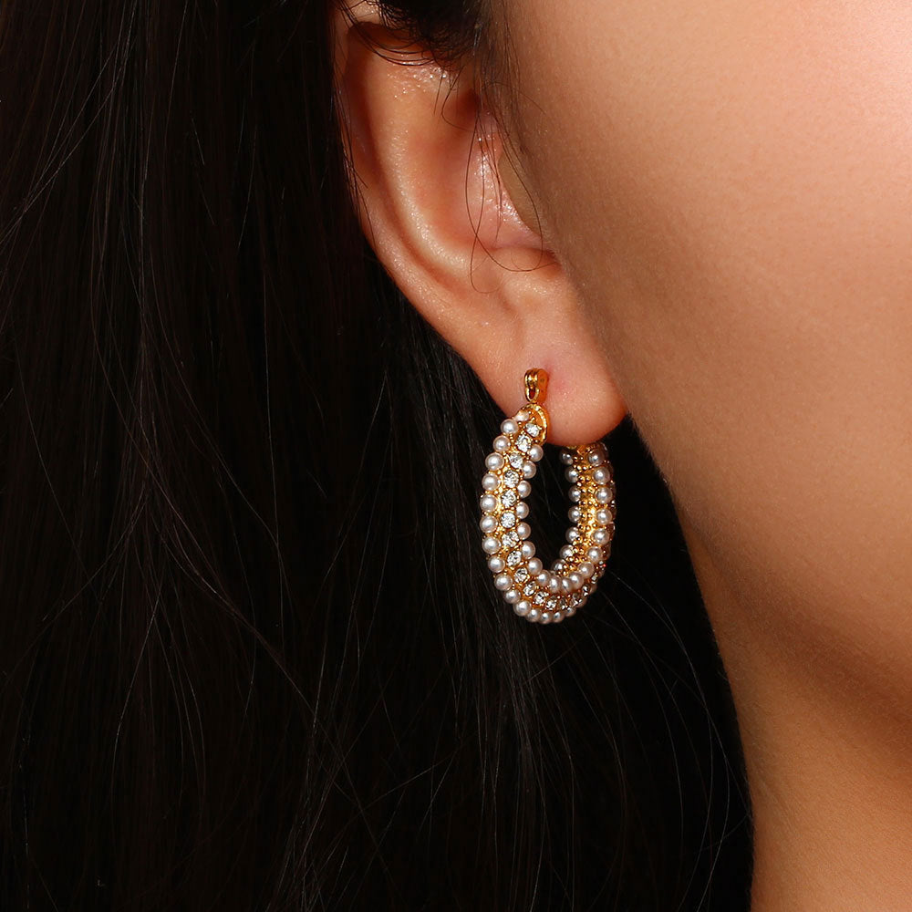 Stainless Steel Plated 18K Ring Set With Zircon Pearl Earrings For Women