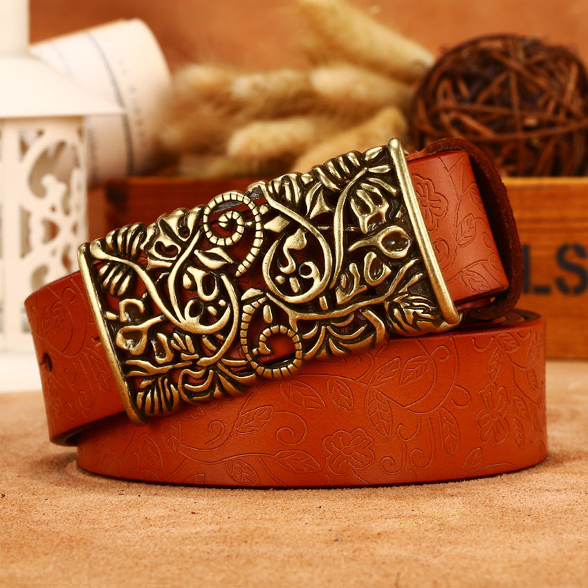 Ladies Leather Engraved With Hollow Buckle Printed Cowhide Belt