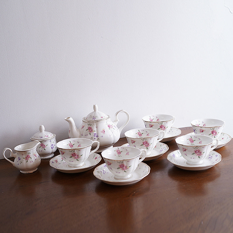 Service à thé/café en céramique avec motif floral et liseré doré