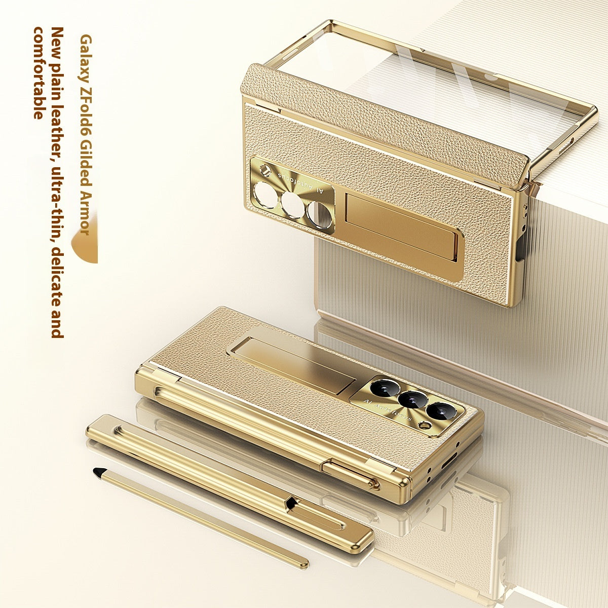 All-inclusive Electroplating Plain Leather Double Hinge Phone Case Hard Case With Pen Slot