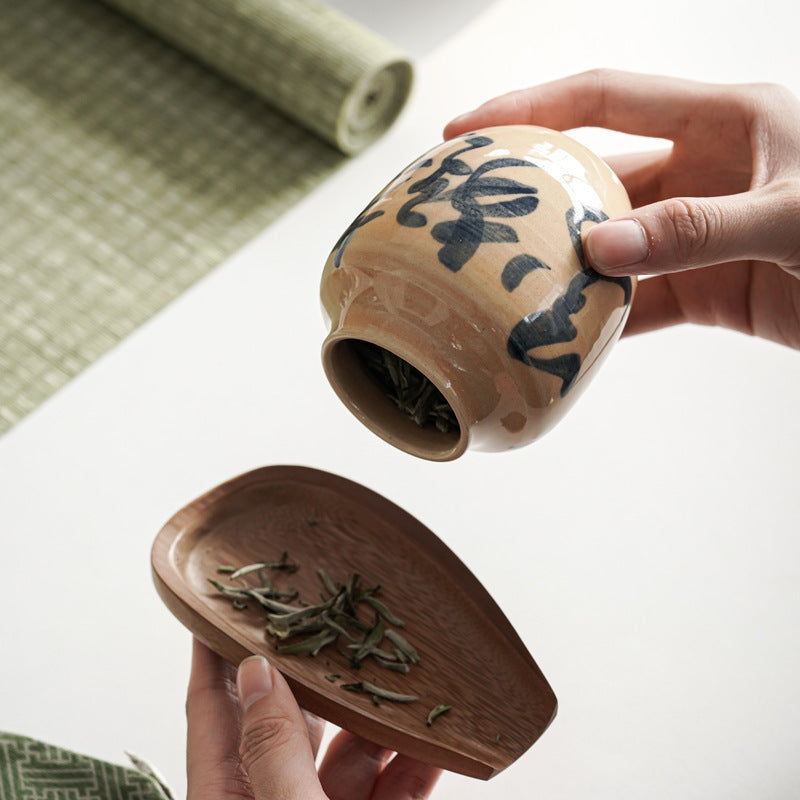 Bocal de rangement pour thé avec calligraphie manuscrite et couvercle en bois naturel fait main