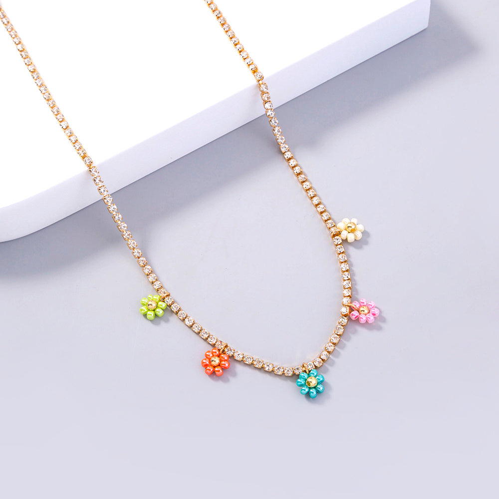 Stylish little fresh colorful flower rhinestone necklace