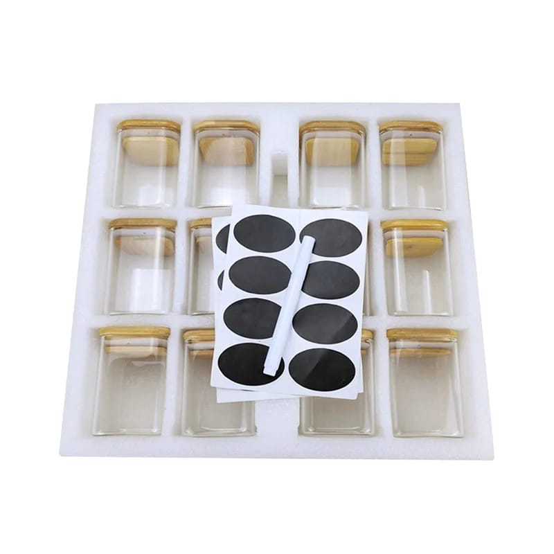 Transparent Square Glass Jar 12-piece Set With Bamboo Cover Storage Tank Suit