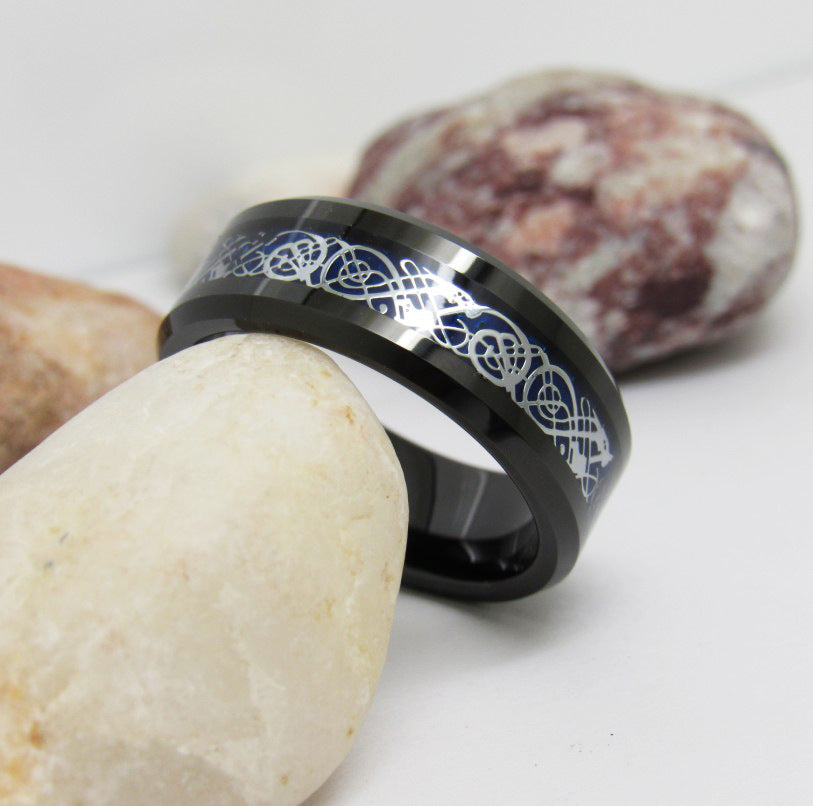 Tungsten Gold Ring Eight Wide Batch Edge Electric Black Inlaid Blue Background Silver Dragon Piece Ornament