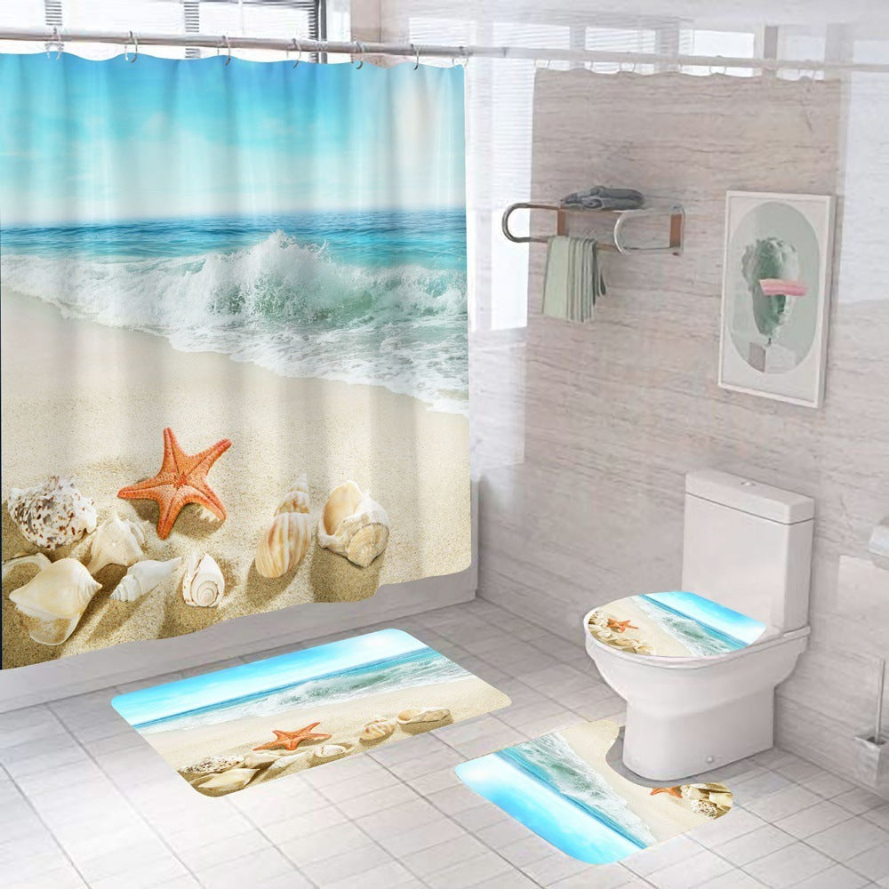 Beach Shell Printed Shower Curtain Carpet Bathroom Mat Four Piece Set