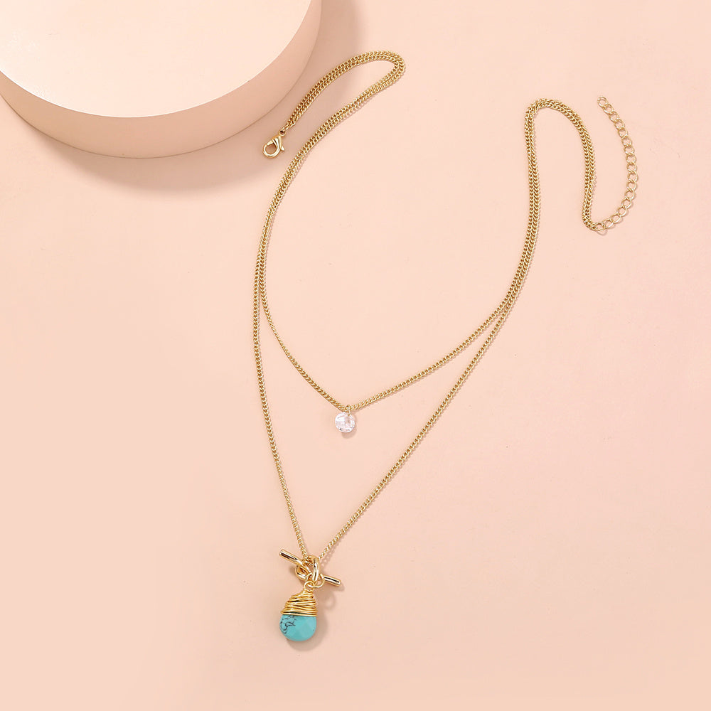European and American foreign trade new product hot-selling jewelry, metal knotted hand-wound turquoise water droplet simple multi-layer necklace