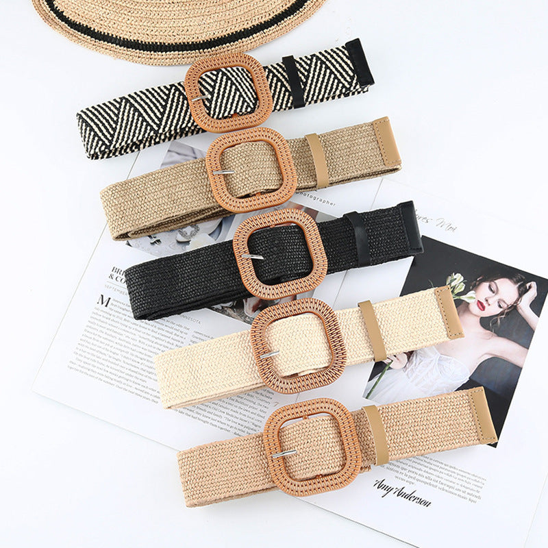 Ceinture en paille tressée en coton et lin pour femme
