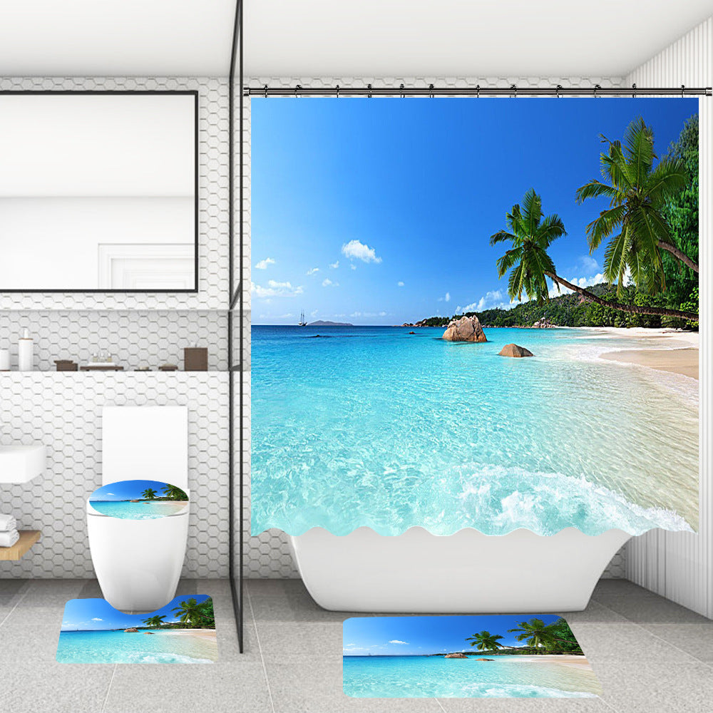 Bathroom Shower Curtain Floor Mat Suit Ocean World Printing